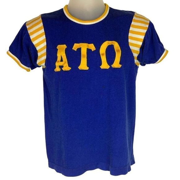 Alpha Tau Omega ATO Fraternity Ringer T Shirt Jersey Blue Gold Vintage 1960s - Picture 1 of 6